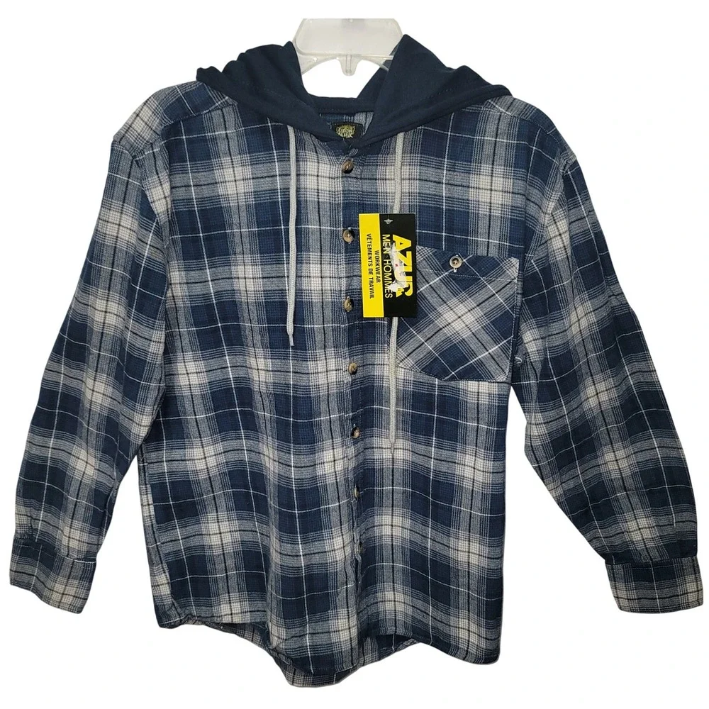 AZUR Hommes Plaid Flannel Hooded Shirt Blue White LongSleeve M Work Grunge Retro